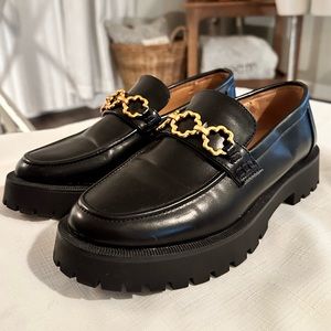 New Sam and Libby Edelman platform lug Loafers black womens 9 Gold chain shoes